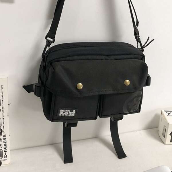 

Men Letter Graphic Crossbody Bag, Black