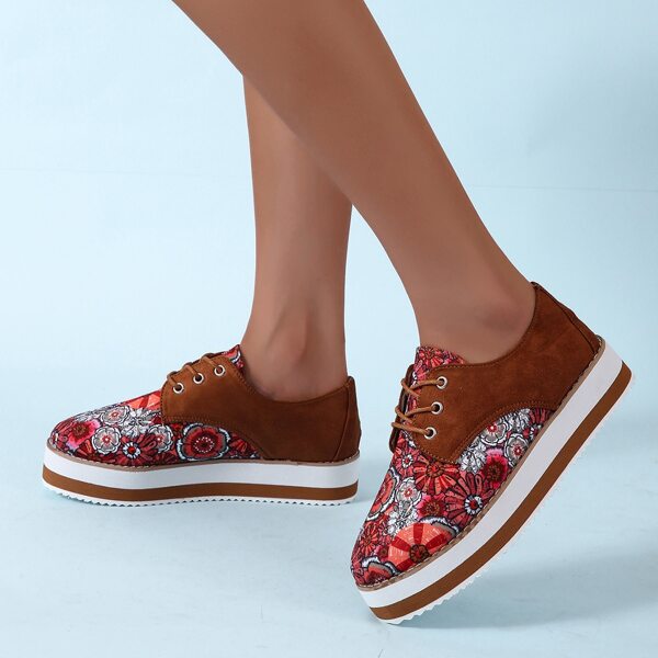 

Floral Graphic Lace Up Front Flatform Shoes, Brown