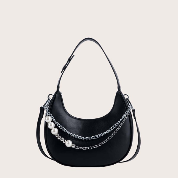 

Faux Pearl Decor Chain Hobo Bag, Black