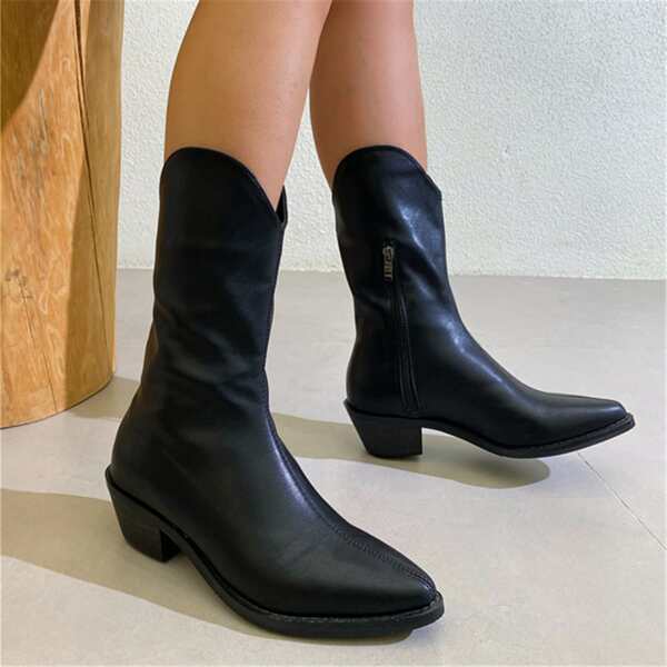 

Minimalist Side Zipper Point Toe Western Boots, Black