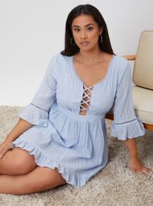 SHEIN Plus Crisscross Zip Back Ruffle Hem Dress