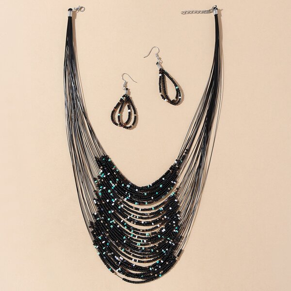 

Beaded Necklace & Water Drop Earrings, Black