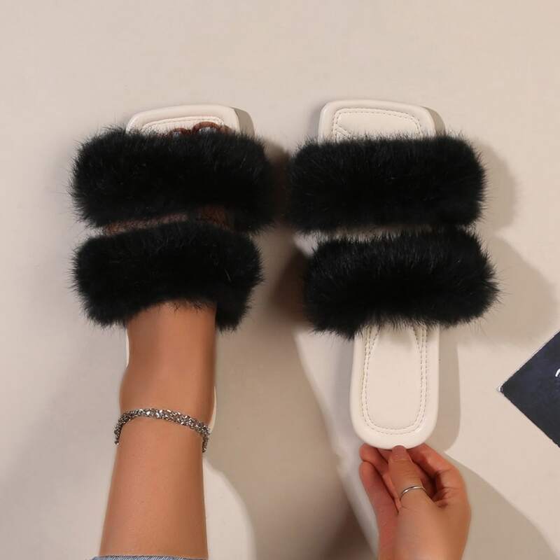 

Fluffy Flat Sandals, Black