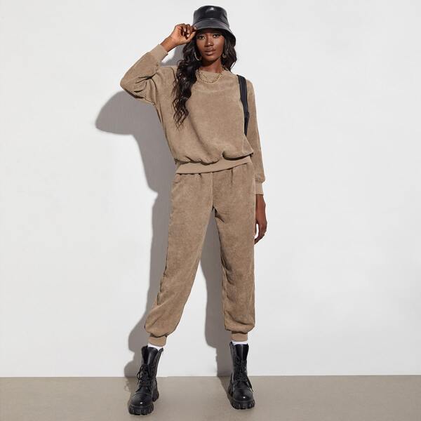 

Solid Drop Shoulder Cord Pullover & Pants Set, Mocha brown