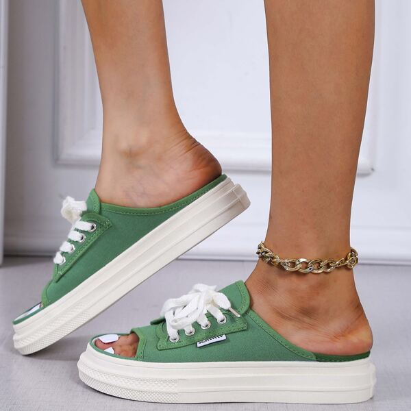 

Two Tone Lace-up Front Footbed Sandals, Green