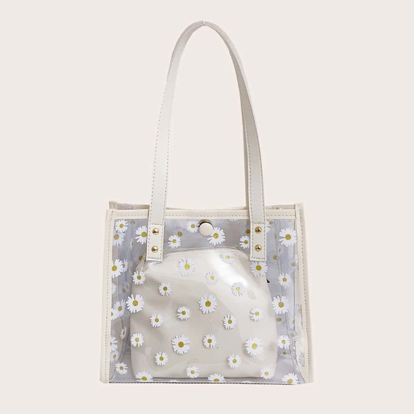 

Clear Floral Graphic Tote Bag With Inner Pouch, White
