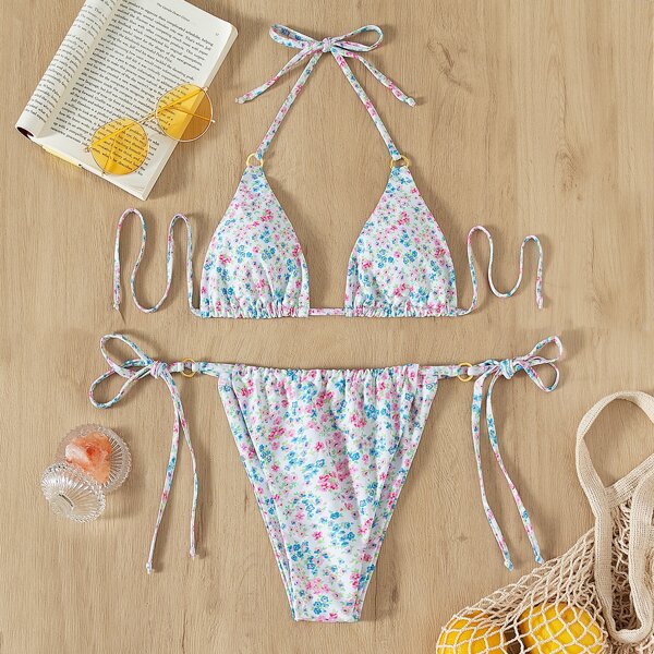 

Ditsy Floral Print Halter Triangle Bikini Swimsuit, Multicolor