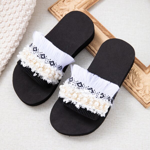 

Girls Fringe & Faux Pearl Decor Slippers, Multicolor