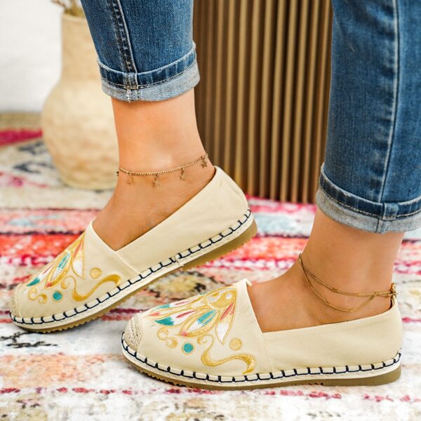 

Embroidery Detail Espadrille Flats, Beige