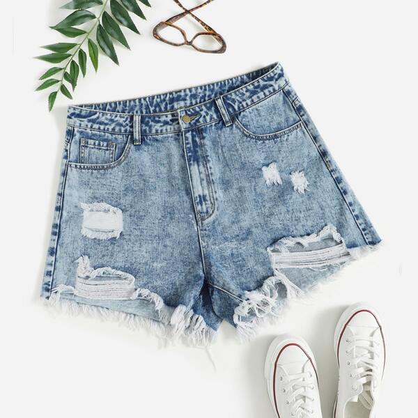 

Plus Ripped Raw Cut Denim Shorts, Medium wash