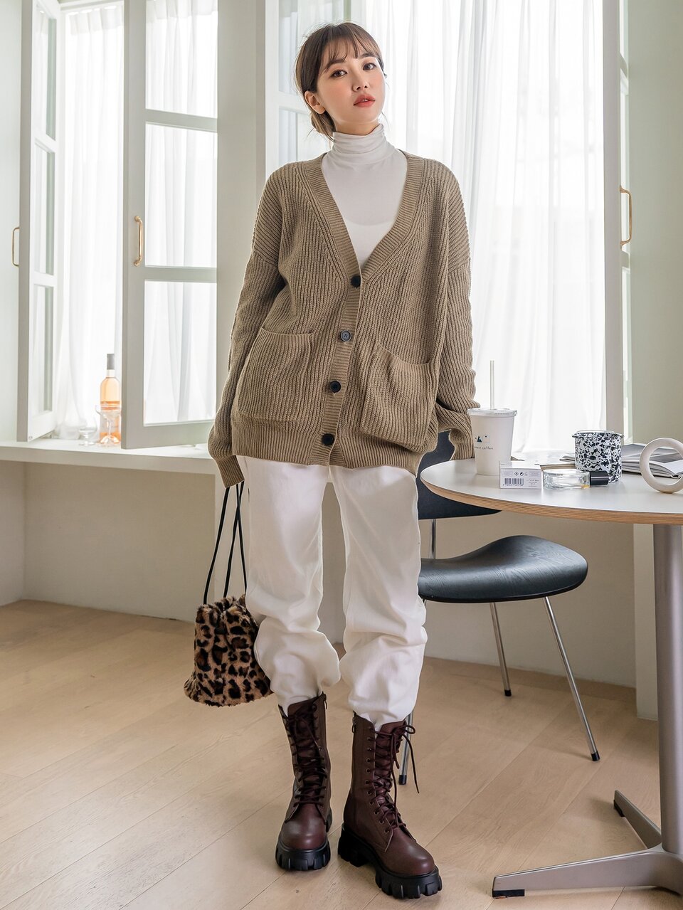 Solid Dual Pockets Button Up Drop Shoulder Cardigan