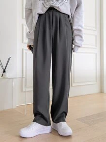 DAZY 褶饰直筒裤 女式正装裤 - 深灰色 - 查看 1