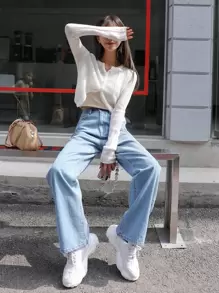 DAZY 紐扣門襟直腿牛仔褲 - 淺色水洗藍 - 查看 6