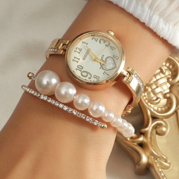 

1pc Rhinestone Decor Round Pointer Quartz Watch & 1pc Bracelet