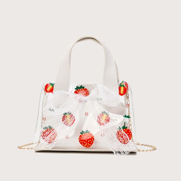 

Bow Decor Strawberry Graphic Clear Square Bag, White