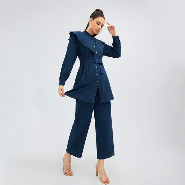 

Button Up Ruffle Trim Belted Coat & Pants, Navy blue