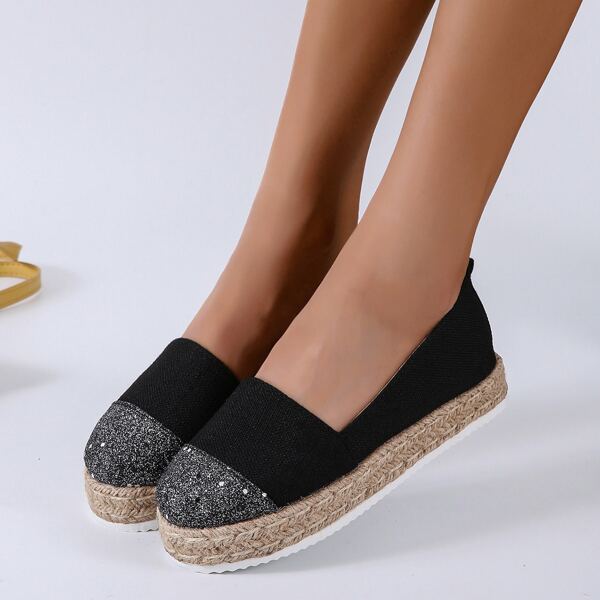 

Glitter Decor Espadrille Flatform Shoes, Black