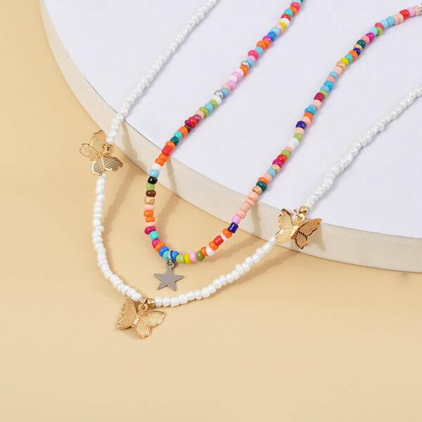 

2pcs Butterfly Charm Necklace, Multicolor