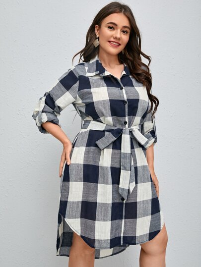 Plus Buffalo Plaid Roll Tab Sleeve Button Up Belted Shirt Dress