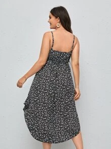 SHEIN VCAY Plus Button Front Ditsy Floral Cami Dress - Black - View 2