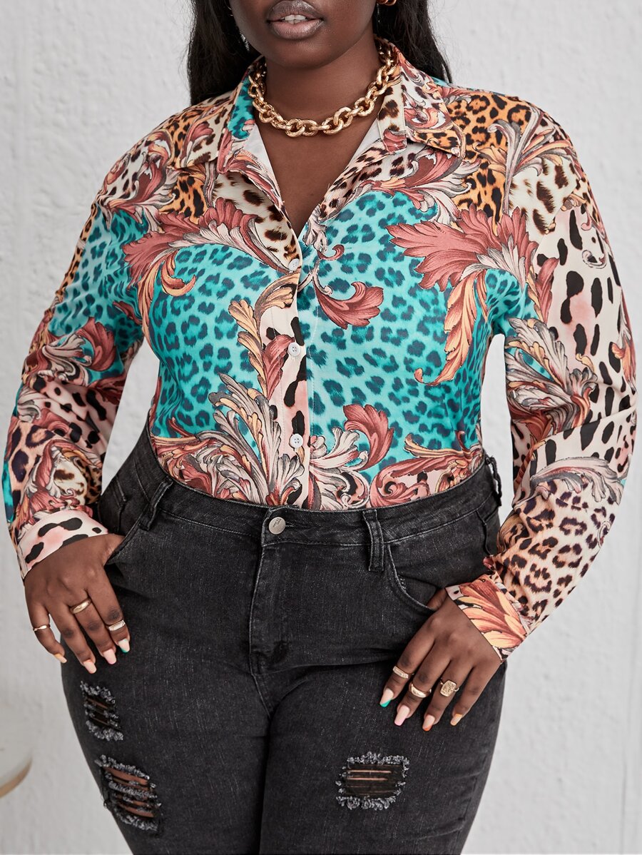 Maweii 大碼宮廷風和豹紋印花襯衫 - 彩色 - 查看 1