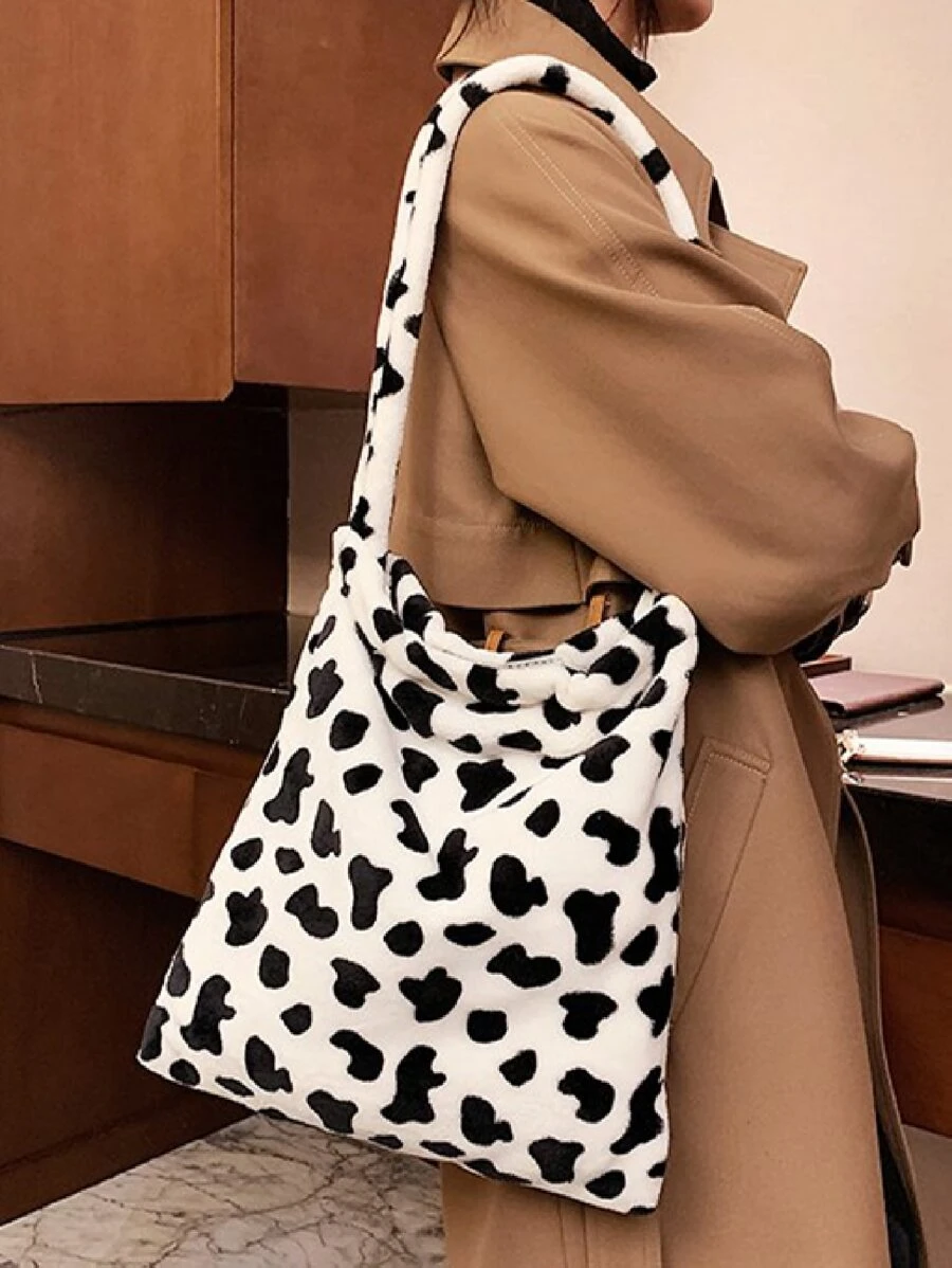 Cow Print Shoulder Bag - Black and White - View 1