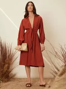 SHEIN Tie Front Cut-out Lantern Sleeve Dress