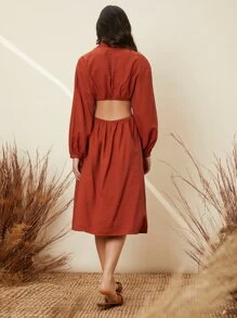 SHEIN Tie Front Cut-out Lantern Sleeve Dress