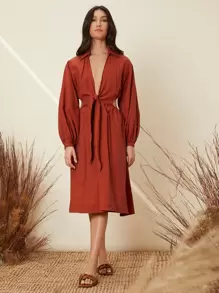 SHEIN Tie Front Cut-out Lantern Sleeve Dress