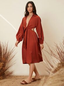 SHEIN Tie Front Cut-out Lantern Sleeve Dress