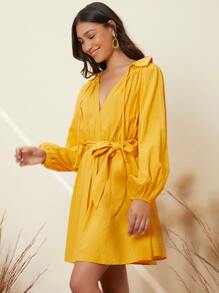 SHEIN 燈籠袖繫腰帶連衣裙 - 黃色 - 查看 1