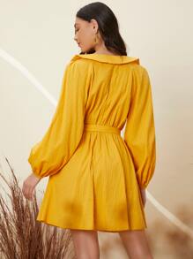 SHEIN 燈籠袖繫腰帶連衣裙 - 黃色 - 查看 2