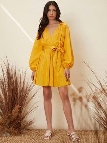 SHEIN 燈籠袖繫腰帶連衣裙 - 黃色 - 查看 3