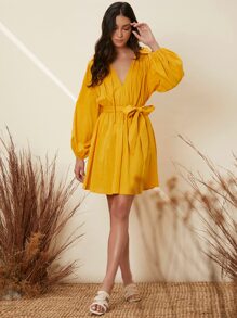 SHEIN 燈籠袖繫腰帶連衣裙 - 黃色 - 查看 4