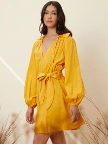 SHEIN 燈籠袖繫腰帶連衣裙 - 黃色 - 查看 5