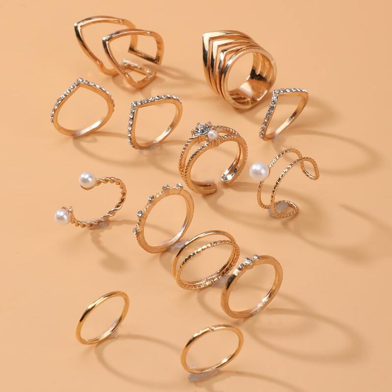 

13pcs Rhinestone Decor Ring, Gold