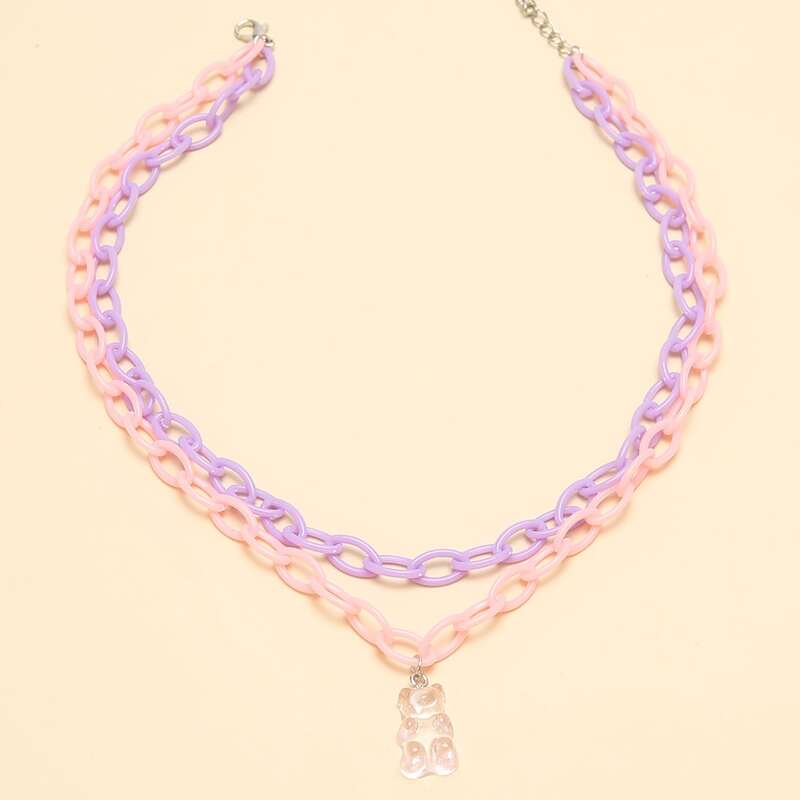 

Bear Pendant Layered Chain Necklace, Pink