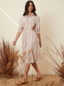 SHEIN 條紋圖案鏤空抽褶腰燈籠袖洋裝 - 彩色 - 查看 3