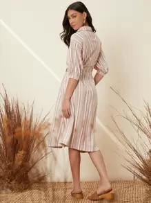 SHEIN 條紋圖案鏤空抽褶腰燈籠袖洋裝 - 彩色 - 查看 4