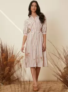 SHEIN 條紋圖案鏤空抽褶腰燈籠袖洋裝 - 彩色 - 查看 5