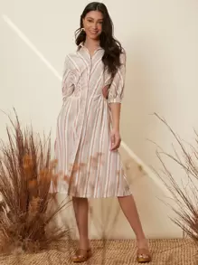 SHEIN 條紋圖案鏤空抽褶腰燈籠袖洋裝 - 彩色 - 查看 1