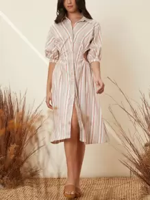 SHEIN 條紋圖案鏤空抽褶腰燈籠袖洋裝 - 彩色 - 查看 2