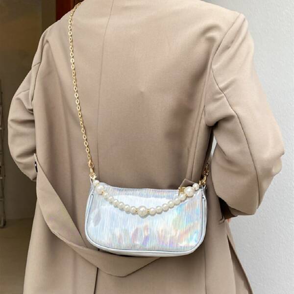 

Holographic Faux Pearl Decor Chain Baguette Bag, Silver