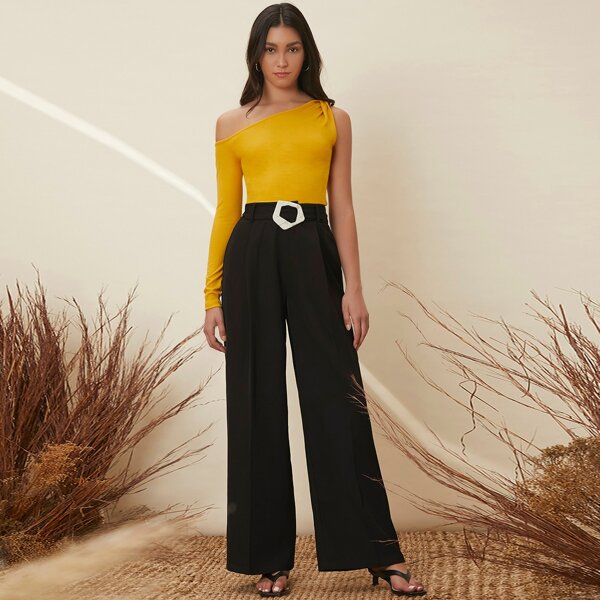 

Solid Belted Wide Leg Pants, Black