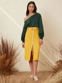 SHEIN VCAY 不對稱彈性肩燈籠袖運動衫 - 墨綠色 - 查看 3