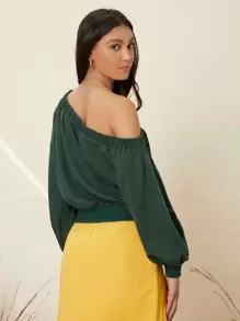 SHEIN VCAY 不對稱彈性肩燈籠袖運動衫 - 墨綠色 - 查看 5