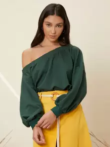 SHEIN VCAY 不對稱彈性肩燈籠袖運動衫 - 墨綠色 - 查看 4