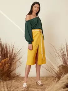 SHEIN VCAY 不對稱彈性肩燈籠袖運動衫 - 墨綠色 - 查看 2