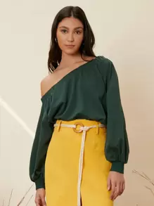 SHEIN VCAY 不對稱彈性肩燈籠袖運動衫 - 墨綠色 - 查看 1