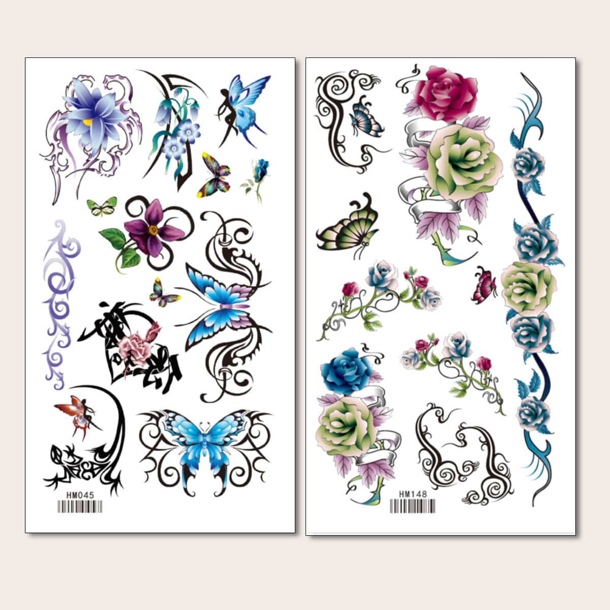 

2sheets Flower & Butterfly Pattern Tattoo Sticker, Multicolor
